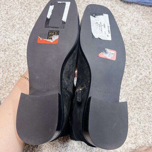 TORY BURCH Everly Ankle Boots Gold Logo Black Suede Side Zip US 8 $438 - Picture 9 of 12